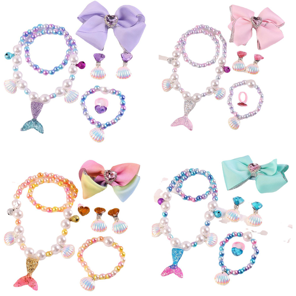 Набор украшений для девочек: ожерелье и браслет с хвостом русалки, клипсы для ушей, кольцо