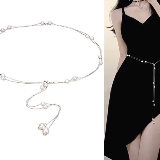 Waist Chain Women's High-End Pearl Thin Waist Chain Fashion Accessories Decorative Sweater Dress Metal Thin Belt Wholesale