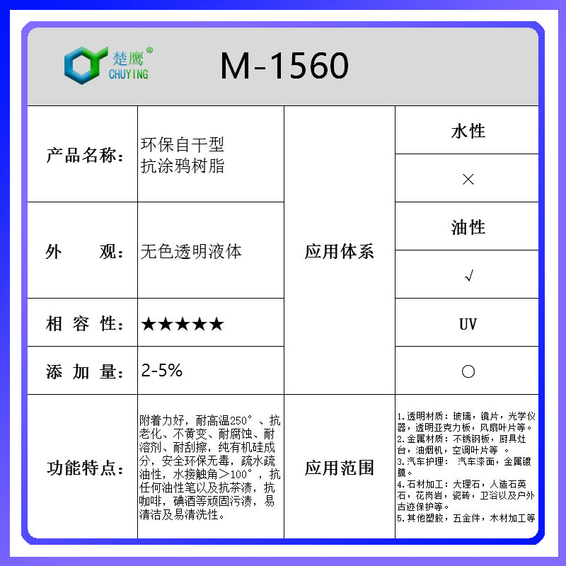 Chuying M-1560 Environmentally Friendly Self-Drying Anti-Graffiti Resin Anti-Graffiti Anti-Oil Pen Hydrophobic Oleophobic High Temperature Resistance