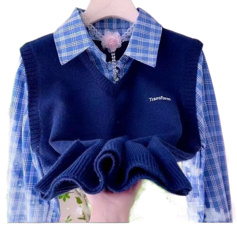2025 Explosions Fake Two-piece Striped Shirt Women's Early Autumn Short Knitted Shirt Vest Stitching Women's Vest New Top