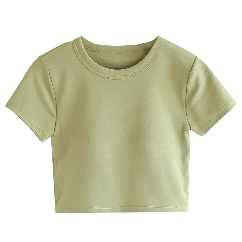 White with Chest Pad Navel Short-sleeved Cotton Small Round Neck T-shirt Women's Short Top Cup One-piece Base Shirt for Summer