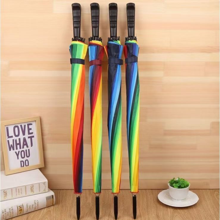 Ice Price 16 Bone Waterproof Automatic Umbrella Long Handle Large Student Business Rainbow Sunny Umbrella Straight Double