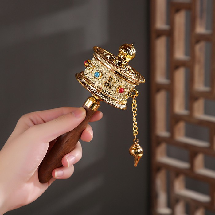 Hand-cranked Warp Wheel Xizang Pure Brass Hand-held Turning Gold Barrel Six-character True Words Household Xizang-style Hand Warp Wheel