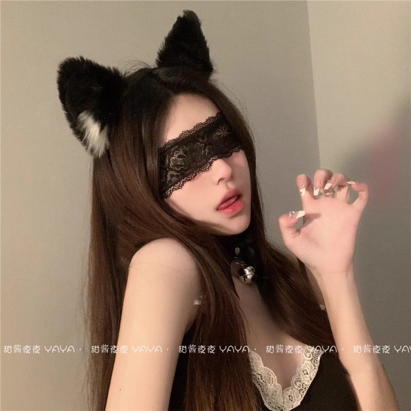 (Hairband + Collar) Cat Ears Bell Headband Sexy Fox Hairpin Women's Lace Eye Mask Cute Hair Accessories Decoration