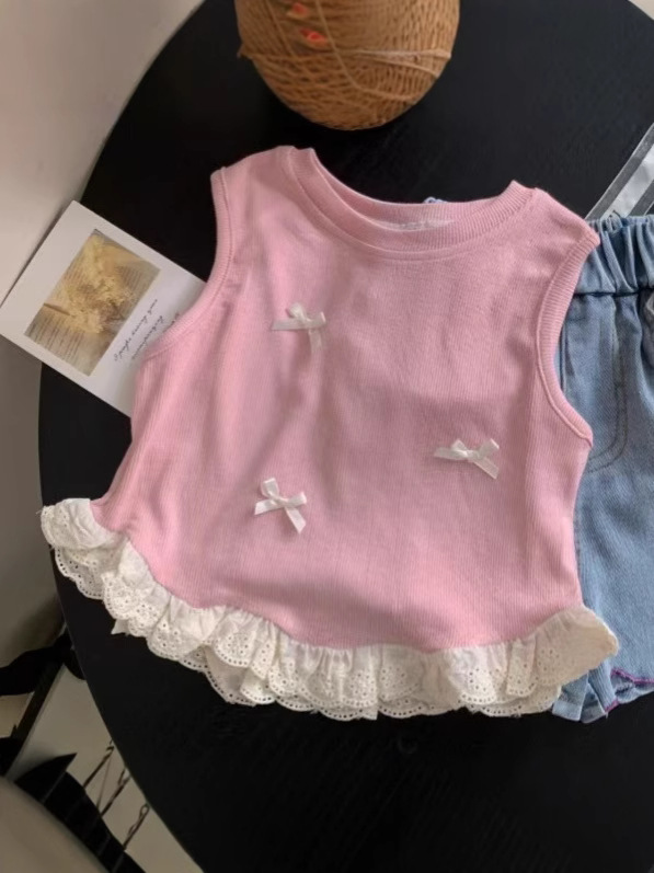 2025 Children's Clothing Girls Summer Sleeveless New Style Children's Fashionable Bow Vest Sleeveless Tops Trendy Children