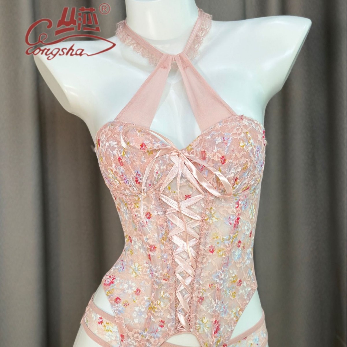 Congsha Sexy Lace Sweet Style Floral Printed Fishbone Corset Intimates Vest Breast Bra Sexy Set