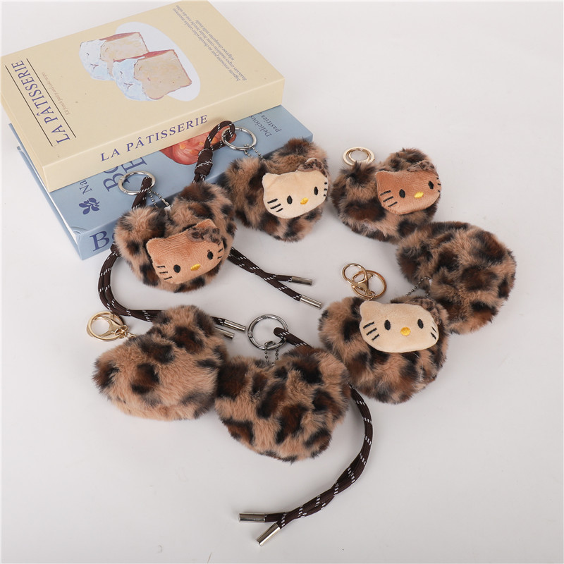 New Cartoon Cute Hello Kitty Bag Pendant Retro Leopard Print Kitty Plush Pendant Wholesale Bead Chain Key