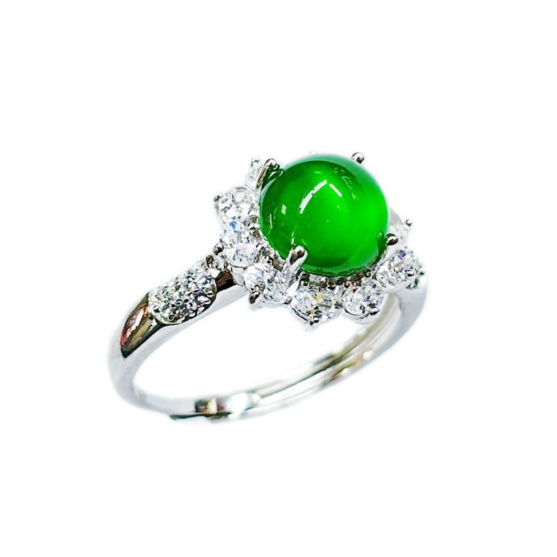 S925 silver inlaid green chalcedony ring full diamond silver inlaid live water foam jade ring silver inlaid water foam ring wholesale