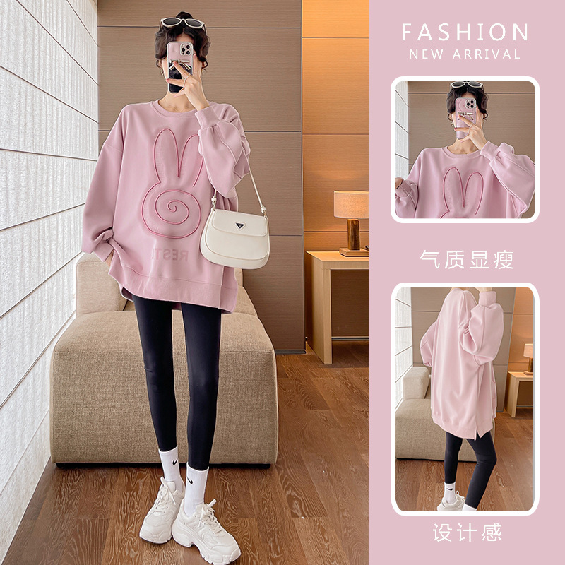 Real shot in stock maternity clothes autumn embroidered printed loose plus size sweater casual pullover round neck split long sleeve sweater