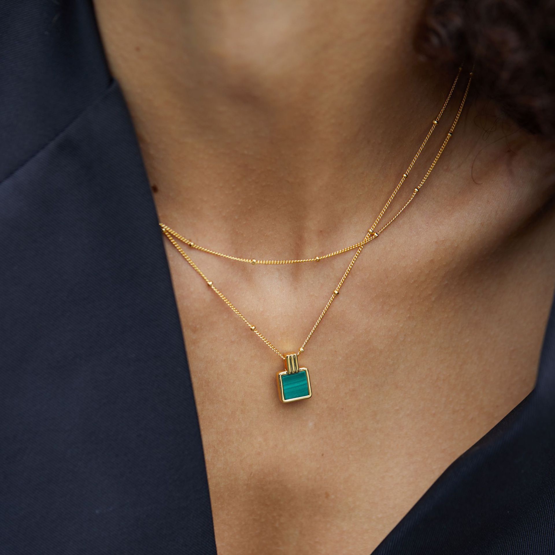 All-body 925 silver natural malachite necklace perfume bottle pendant niche square clavicle chain gold-plated women's beaded chain