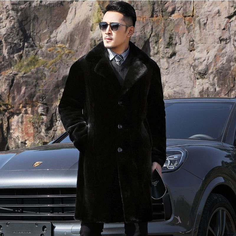 Haining Mink Fur Coat Men's Autumn and Winter New Thickened Long Deerskin Men's Faux Fur Casual Coat