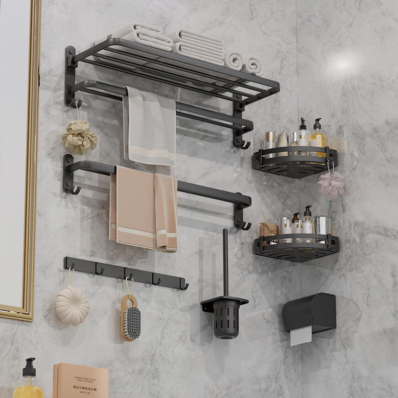 No-Drill Bathroom Storage Towel Rack Black Space Aluminum Towel Rack Bathroom Hardware Accessory Set