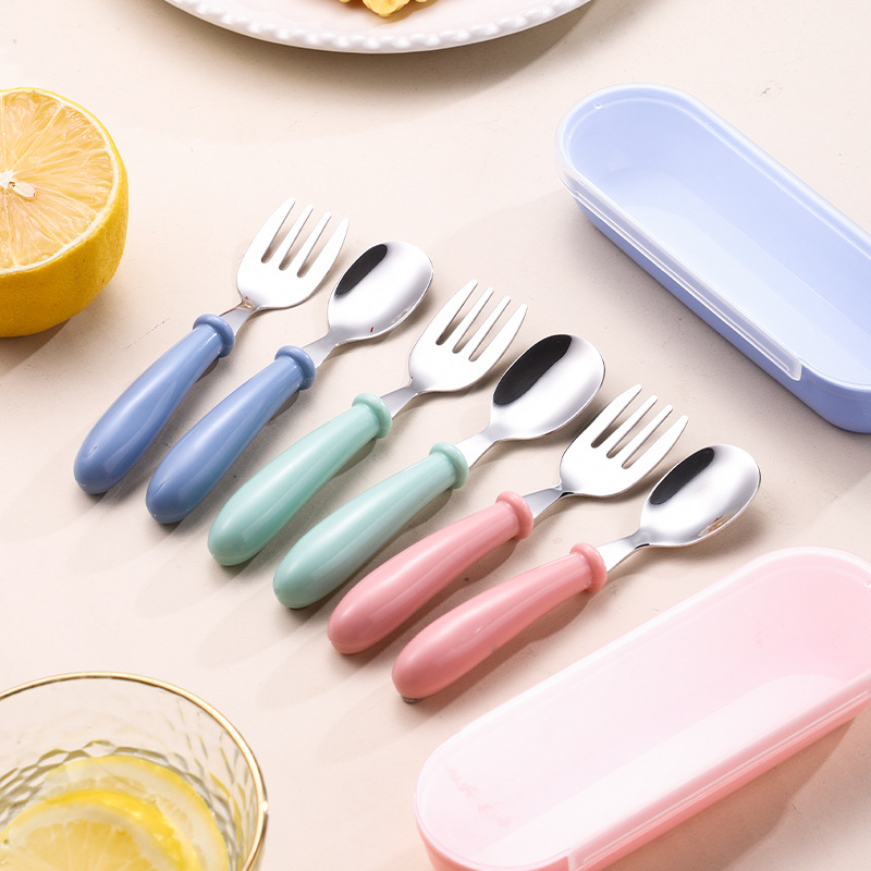 Cross-border Hot Selling 304 Stainless Steel Children's Spoon Fork suit Student Baby Feeding Tableware Baby Dining Portable Box