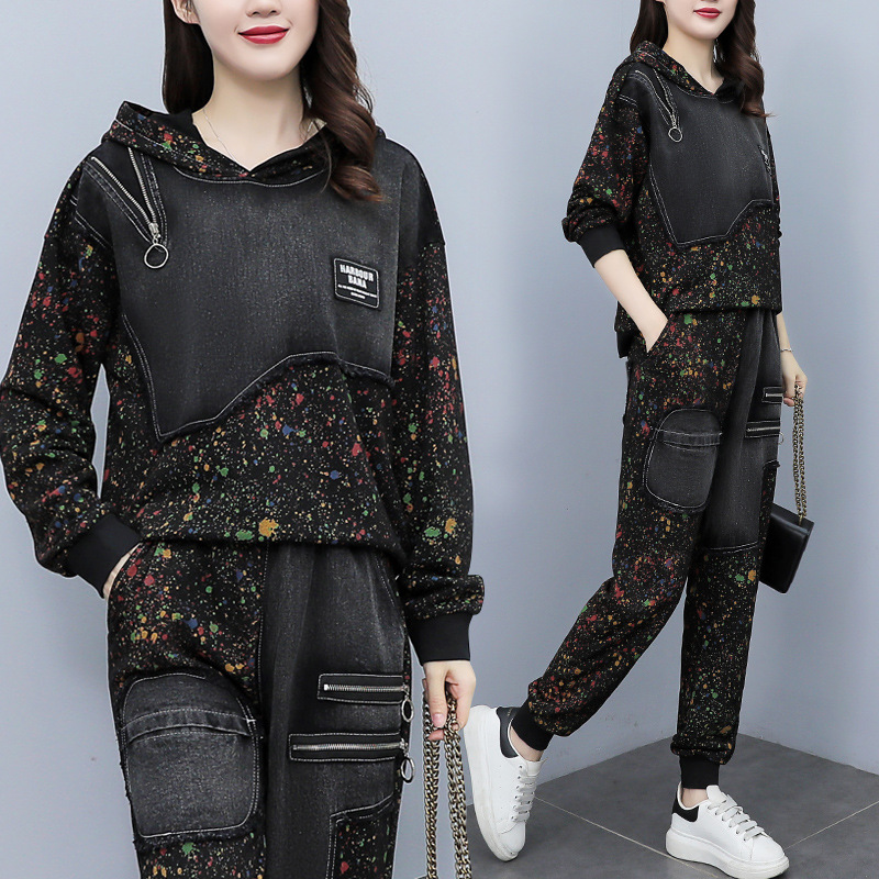 Fat sister slimming Denim suit Korean women's 2025 new spring and autumn leisure sports sweater pants two-piece set