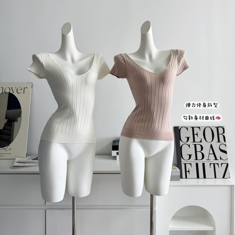 Korean Style Gentle Simple and Free V-neck Vertical Pit Knitted T-shirt Women's Design Sense Spring and Summer All-match Pure Desire Short Sleeve Top