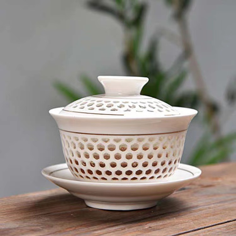 Honeycomb Exquisite Hollow Tea Set Tea Bowl White Porcelain Chaoshan Kung Fu Tea Set Sancai Bowl Creative Tea Set Cup