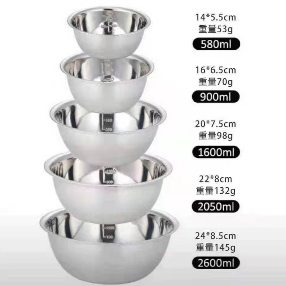 Stainless Steel Basin with Scale Salad Basin Mixing Basin Five-Piece Set Thickeneded Seasoning Jar and Noodle Canteen Soup Basin Vegetable Basin