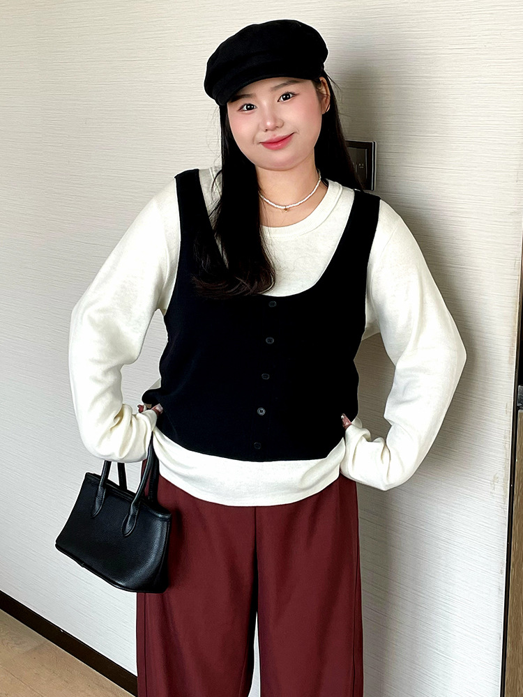 Plus Size Women's Color-Blocked Faux Two-Piece Sweater, Women's Sweater, 2025 Autumn Style, Casual Loose Knitwear for Chubby Girls 22825