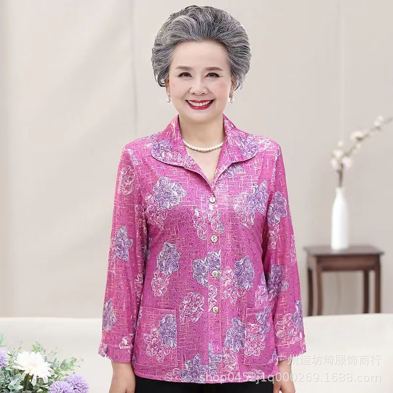 New Mom Lapel Ice Silk Cardigan Grandma Elderly Women's Shirt T-Shirt Plus Size Mother's Wear Fashionable Outer Wear