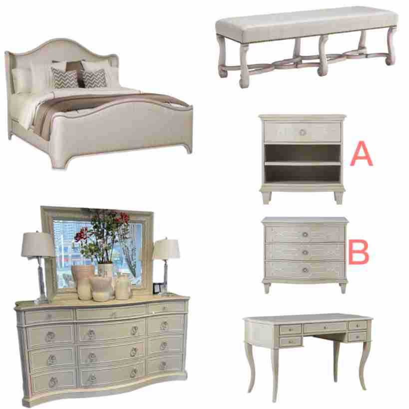 American Art Summer Picture Double Bed Bedroom Furniture Combination with Solid Wood Bedside Table, Bedside Stool, Dressing Table and Drawer Cabinet
