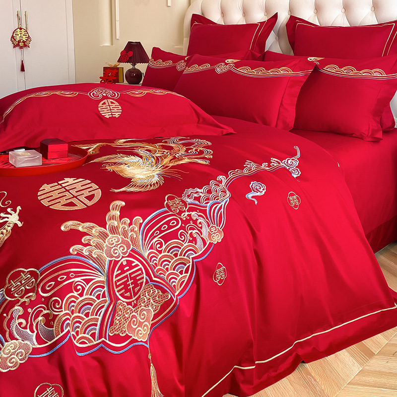 High-grade wedding quilt cover four-piece set sanding bed sheet Longfengxi bedding large wedding cotton red embroidery
