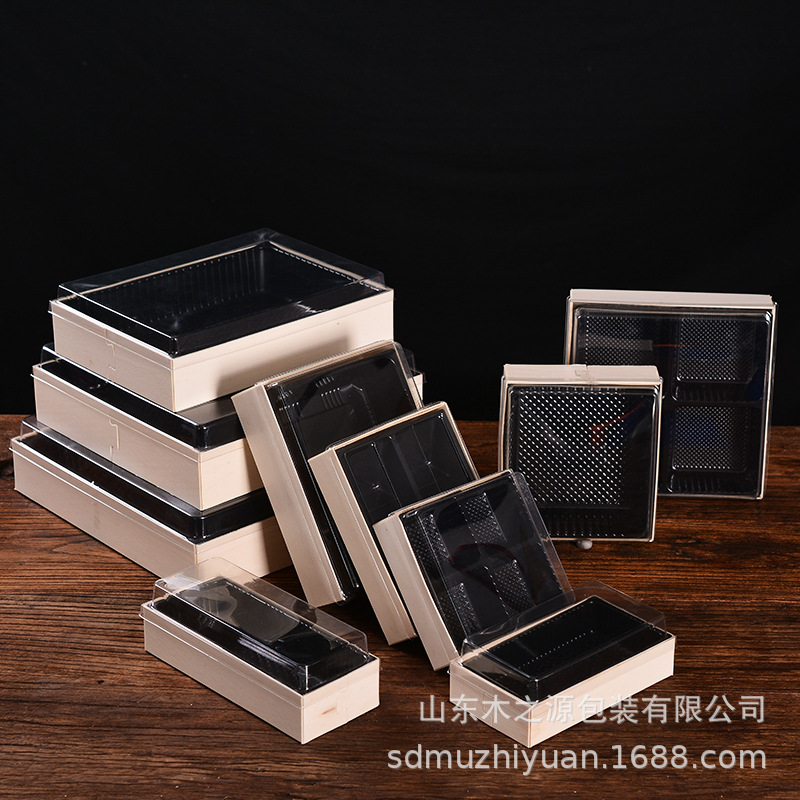 Wooden disposable lunch box packaging box pastry sushi packing box square sashimi platter takeaway wooden box