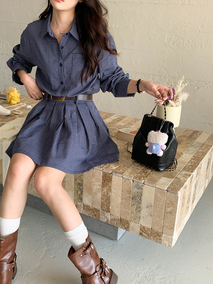 Платье с поясом, среднее, корейское, синяя клетка, ZY2641