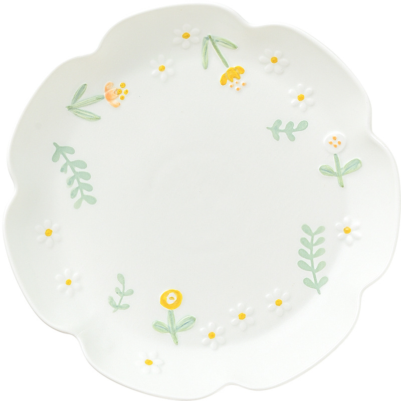Japanese Retro Daisy Relief Bowl and Plate Set Underglaze Color Ceramic Hand-Painted Household Ceramic Tableware Wholesale