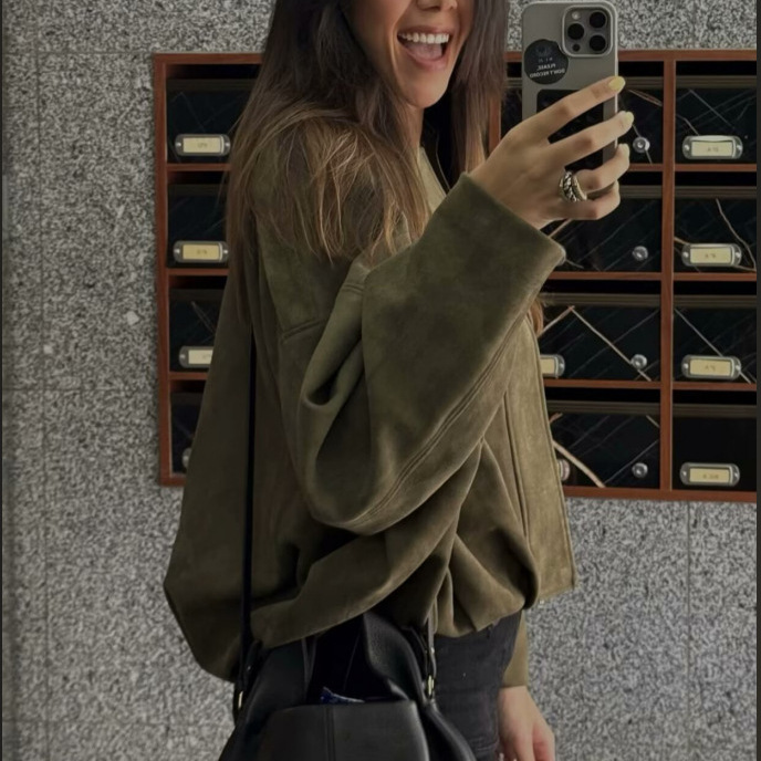 2025 Autumn and Winter New European and American Cross-Border Women's Suede Textured Lapel Bomber Jacket W107 8824