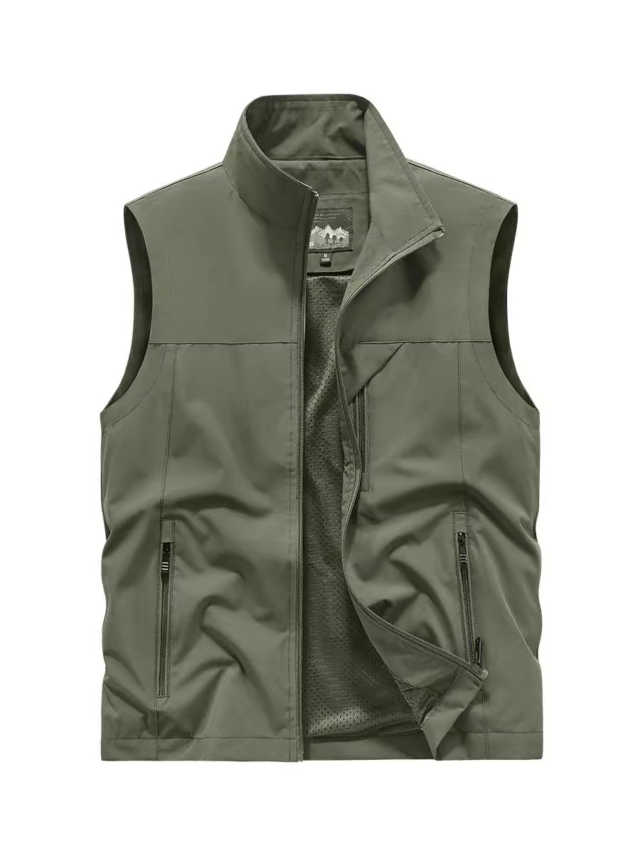 Men's Stand-Up Collar Spring and Summer Quick-Drying Mesh Vest Casual Multi-Pocket Workwear Top Outdoor Photography Fishing Vest Jacket