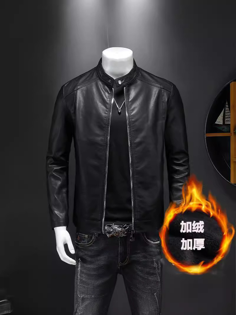 Cross-Border Men's Motorcycle Leather Jacket 2025 New Stand-Up Collar Leather Jacket Casual Velvet Thickeneded Slim Leather Jacket