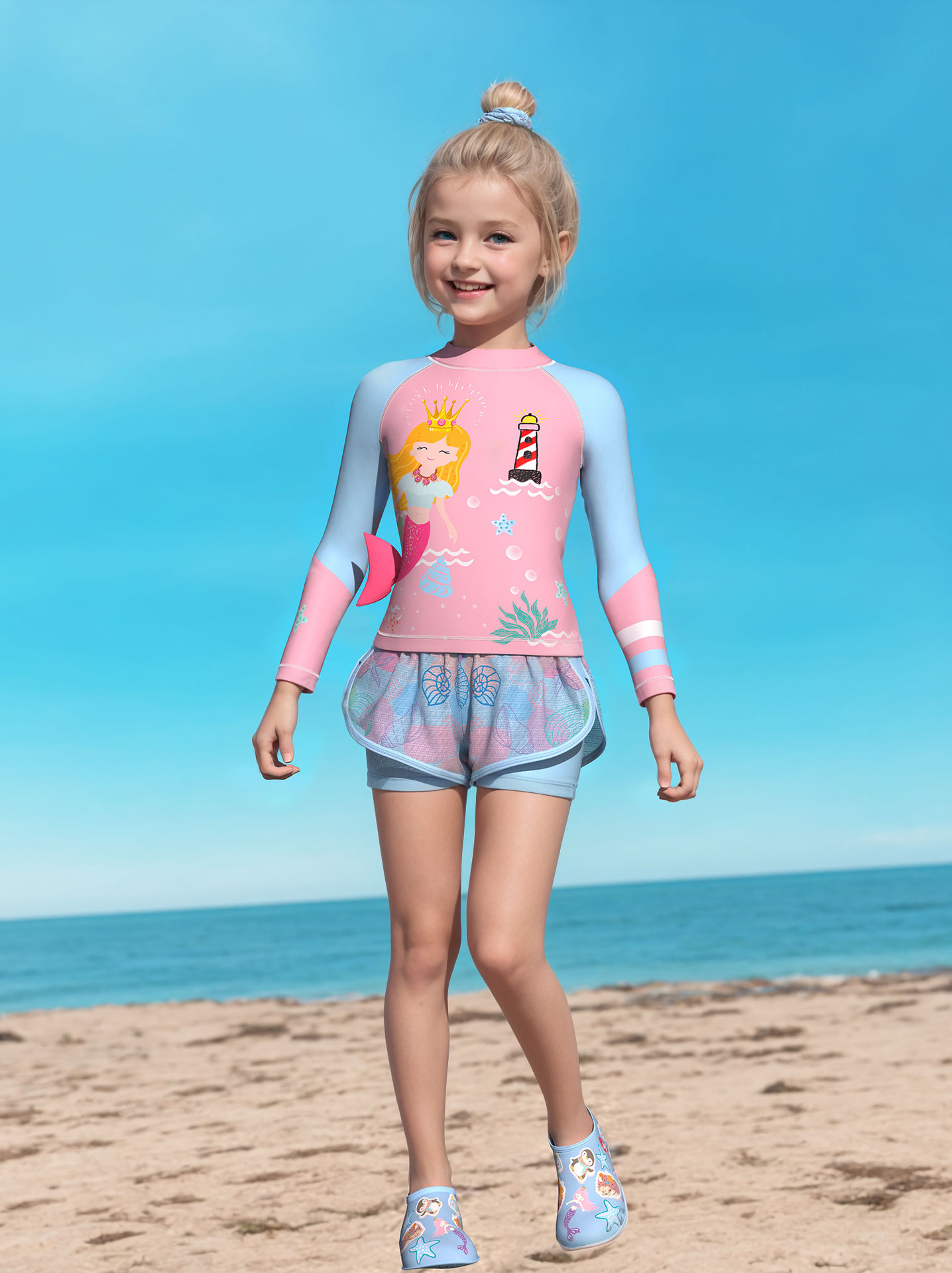 Новый детский купальник для девочек, раздельный, длинный рукав, пляжный спорт, сетчатые шорты, маленький, средний и большой размер