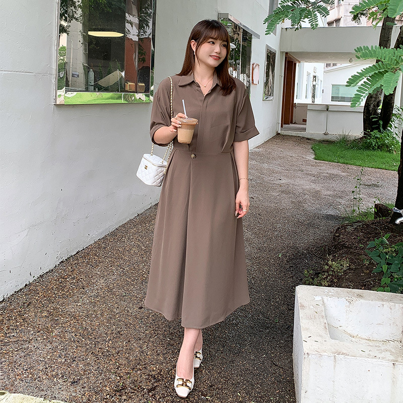 Women's Summer Fat mm Crotch-Covering Loose Thin Shirt Collar Waist Slimming Look Right Shoulder A-Line Dress Large Size 3067