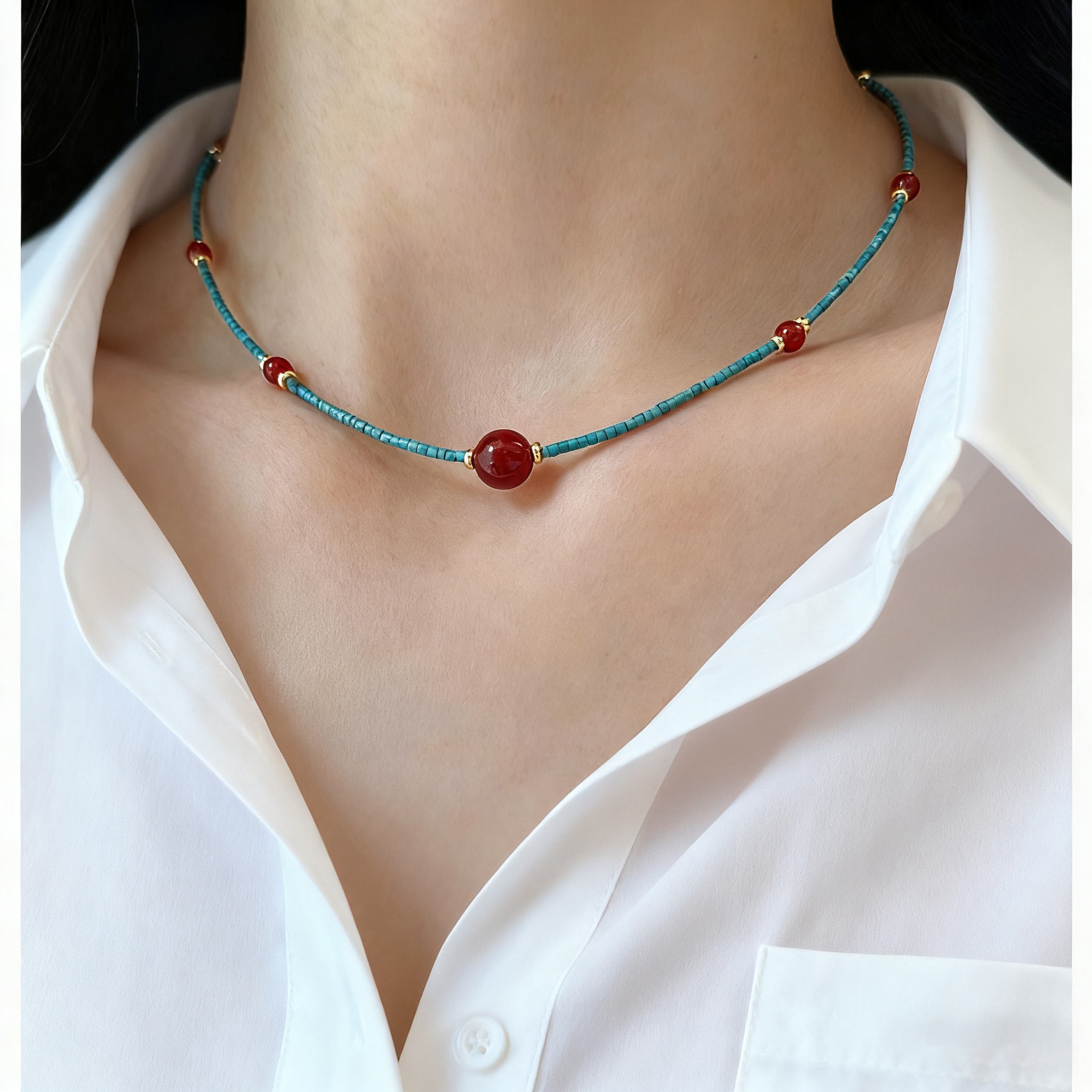 National trendy new Chinese turquoise south red agate beaded necklace women's light luxury high-end clavicle chain gift wholesale