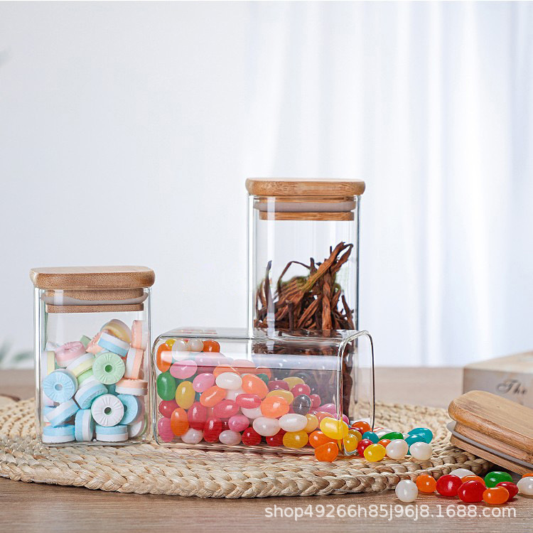 Square High Borosilicate Glass Sealed Jar Storage Bottle Coarse Grain Storage Seasoning Bamboo Lid Moisture-proof Glass Jar Flower Tea Jar