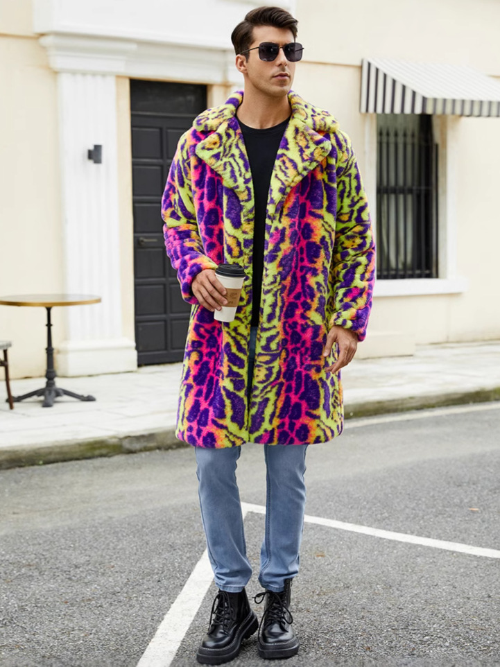 F0774 Cross-border European and American Men's Faux Fur Coat Autumn and Winter Warm Plush Coat Leopard Contrast Coat