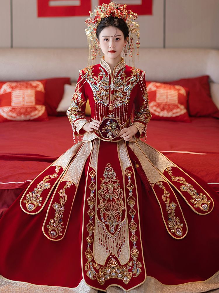 Платье чонгсам, невеста, 2025, новый стиль, тяжелый бархат, осень и зима, свадебное платье, китайский стиль