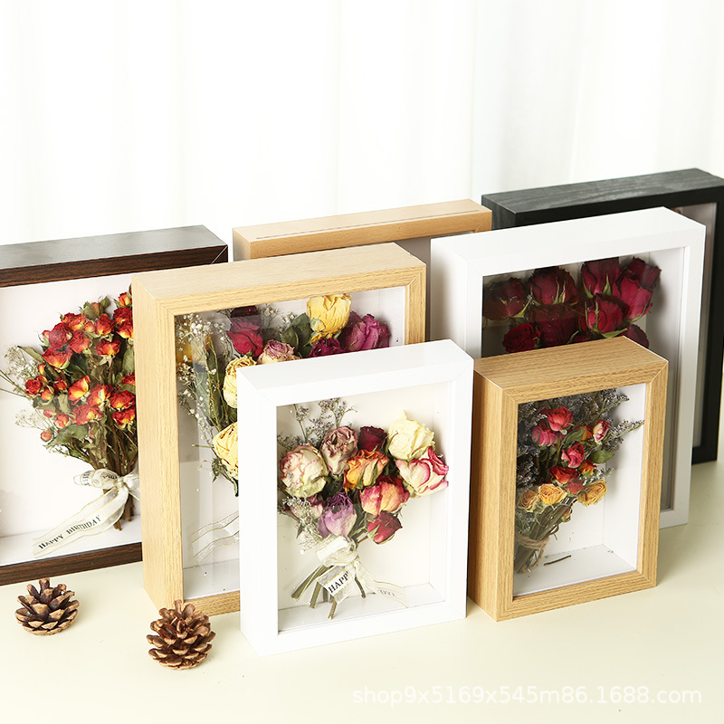 Chinese Valentine's Day Hollow Stereo Dried Flower Photo Frame Solid Wood Texture Empty Frame High-End Specimen Table 6inch Ornaments