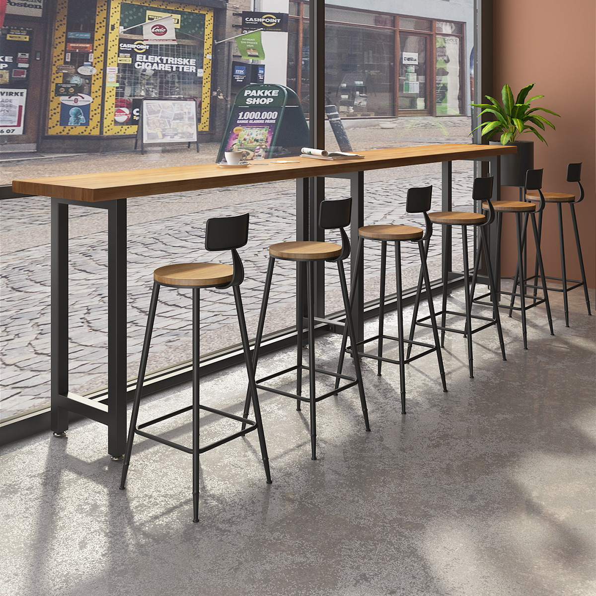 Modern Solid Wood Bar Table and Chair Combination Commercial Milk Tea Shop Wall Long Bar High Table Bar Cafe Bar Counter
