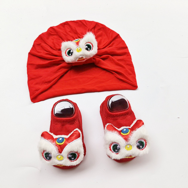 Festive Red Lion Dance hat baby hair accessories pullover hat suit infant rabbit non-slip socks combination Spring Suit