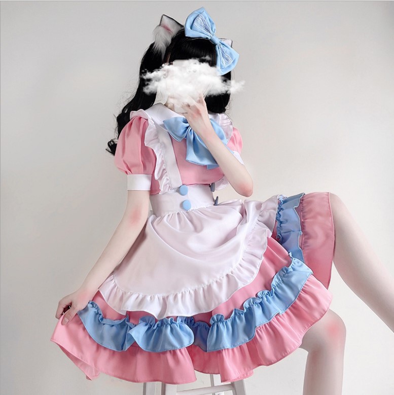 S-4XL plus size maid super cute big bow Lolita dress women's big pink blue cute skirt