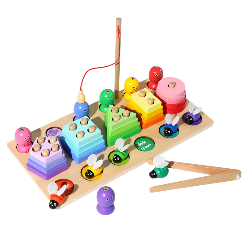 Children's early education three-in-one logarithmic plate geometry five sets of column matching magnetic fishing baby educational wooden toys