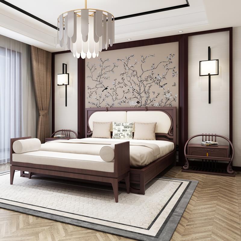 New Chinese Style Solid Wood Bed Zen Double Bed Bedside Table Wardrobe Rack Bedroom Model Room Complete Set Wedding Bed Villa Simple