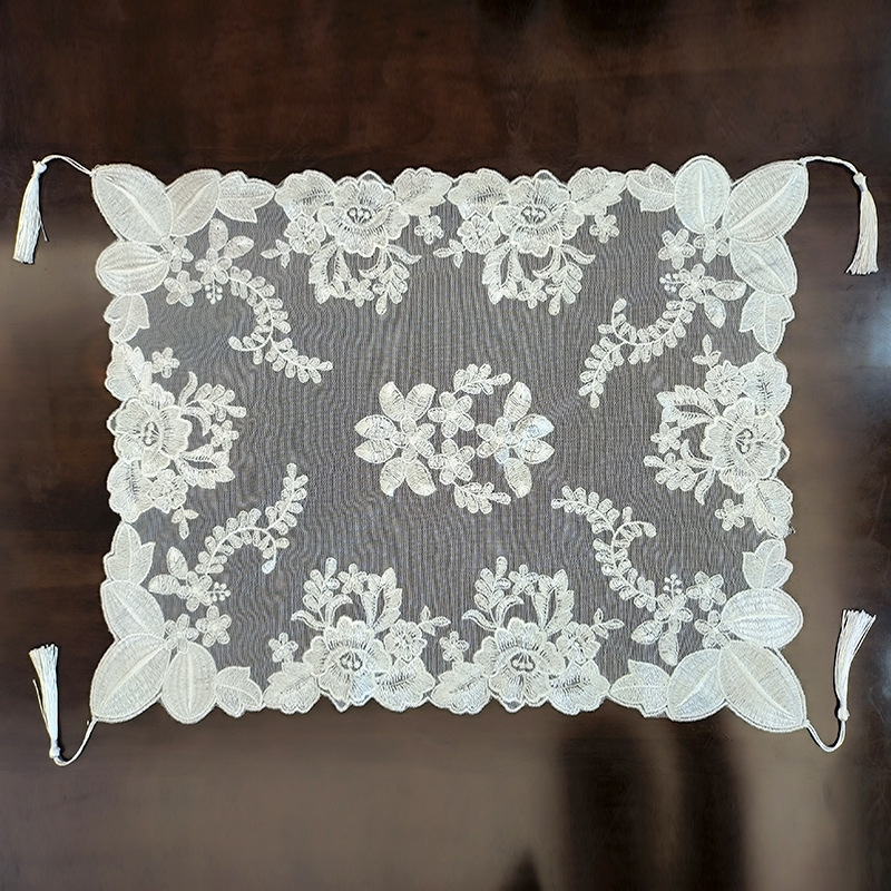 Embroidered lace tassel mesh square universal cover towel white beautiful home decoration fabric dust cover