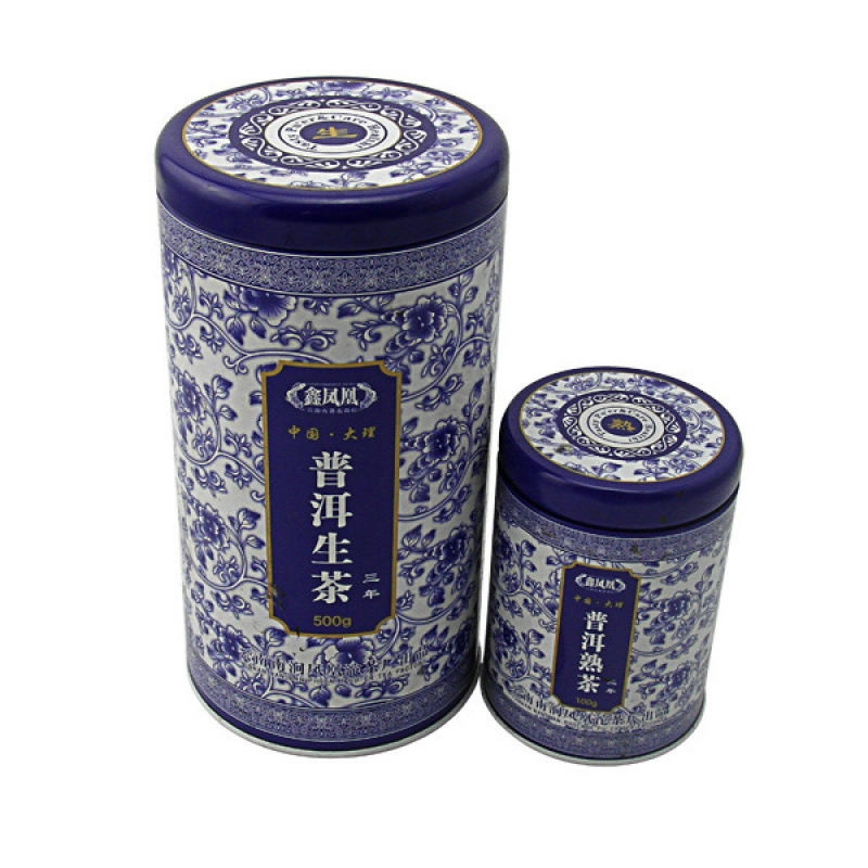 Mi Qi Raw Tea Tin Box with Inner Lid Tea Can Round Blue and White Porcelain Pu'Er Raw Tea Tin Box Tin Can Factory