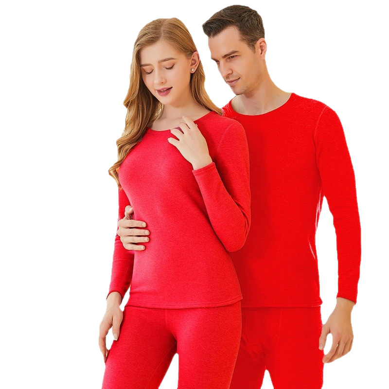 Men's and Women's Round-Neck Thermal Underwear Set for Winter, Middle-Aged and Elderly, Lamb Fleece, Fleece-Lined, Thickened, Heat-Generating