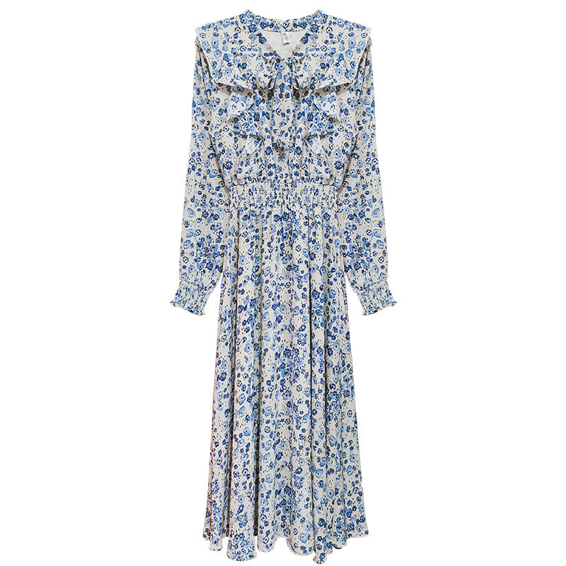 Light Color Floral Korean Silk Long dress 2025 Autumn New Women's Western Style Super Fairy Slim French Dress