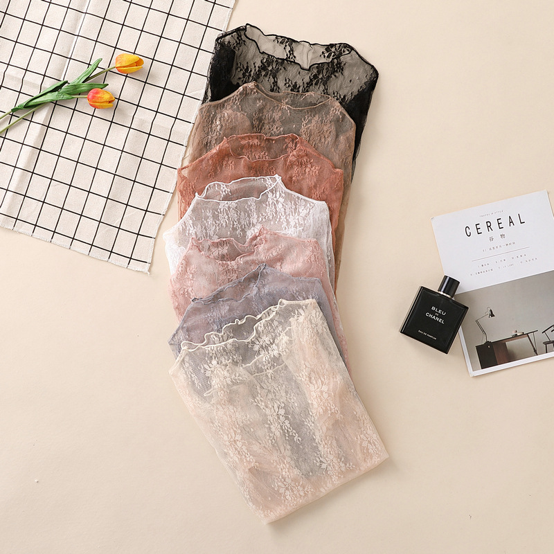 2020 Autumn and Winter Lace Bottoming Shirt Women's Long Sleeve Half Turtle Collar with Hollow Chiffon Western Style Sexy Mesh Top