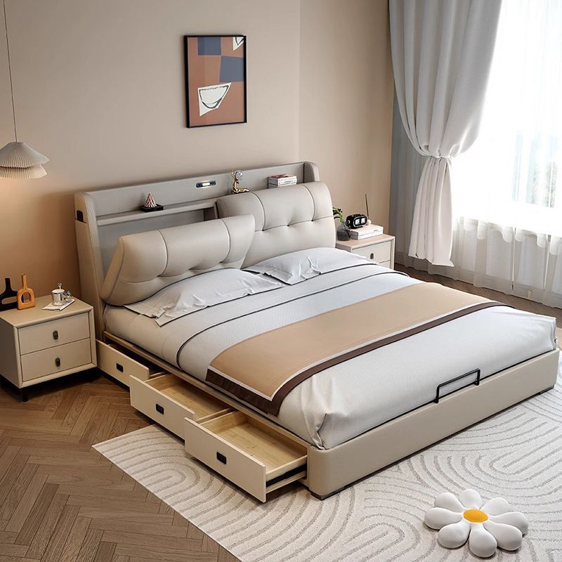 Lin Erbang Bedroom Complete Furniture Italian Light Luxury Adjustable Double Leather Master Bedroom Bed + Bedside Table