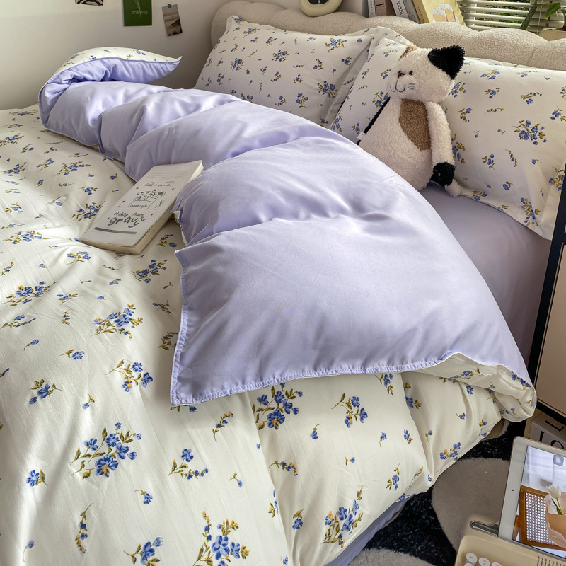 Ins small fresh four-piece set skin-friendly water-washed cotton sanding single bed sheet quilt cover student dormitory three-piece set wholesale